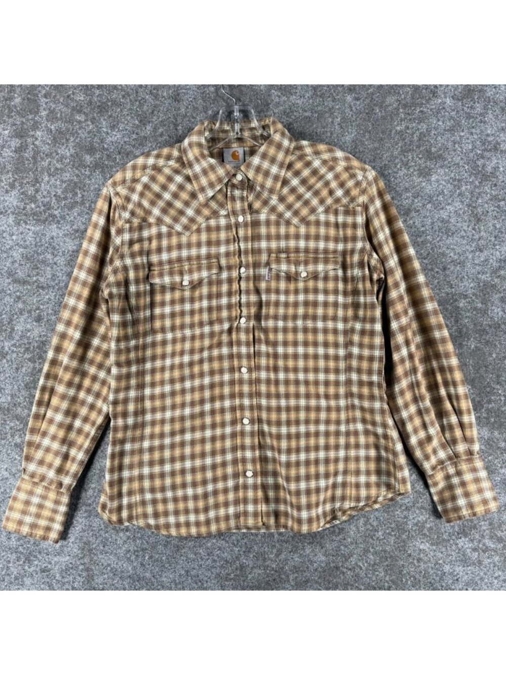 Carhartt Button Up Shirt Womens S Brown Tan Plaid Western Outdoor Pearl Snap